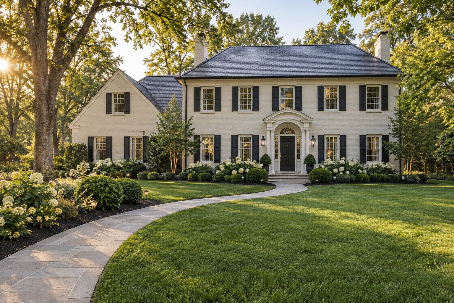 Illustrative concept of a colonial home with fresh landscaping and a welcoming stone walkway
